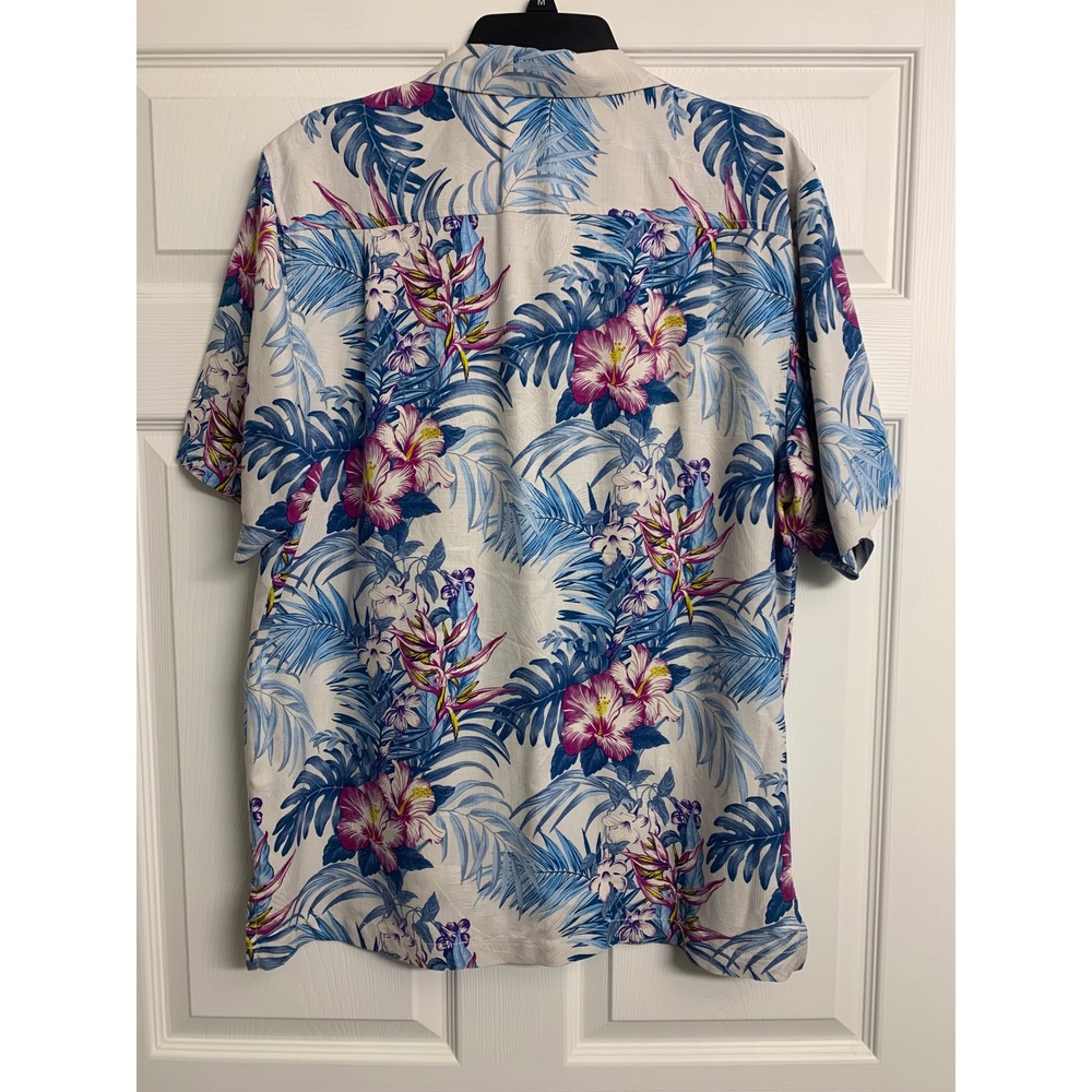 Tommy‎ Bahama  Medium 100% Silk Tropical Hibiscus Floral Camp Shirt Blue Purple - Picture 3 of 8